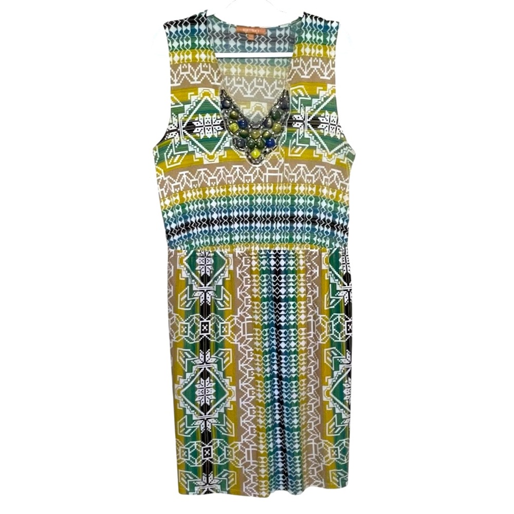 Ellen Tracy Jewel Beaded Colorful Midi Dress Sleeveless Vacation V-Neck Size XL